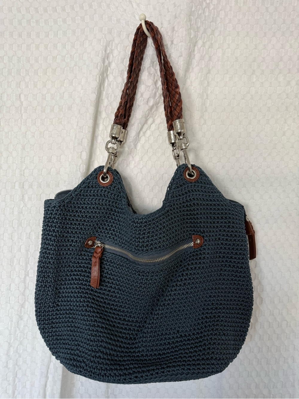 The Sak Indio Crochet Hobo Bag Blue Braided Leather Handle Boho